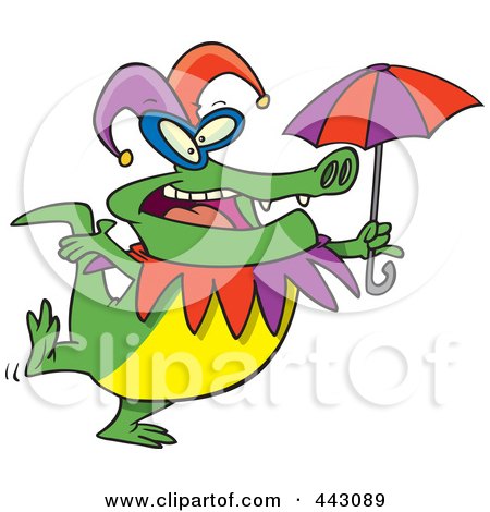 Royalty-Free (RF) Clip Art Illustration of a Cartoon Mardi Gras Crocodile Holding An Umbrella by toonaday