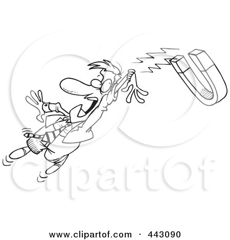 Royalty-Free (RF) Clip Art Illustration of a Cartoon Black And White Outline Design Of A Businessman Being Drawn In By A Magnetic Horseshoe by toonaday