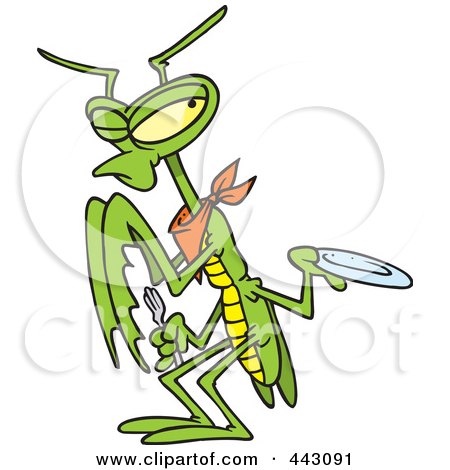 Royalty-Free (RF) Clip Art Illustration of a Cartoon Hungry Praying Mantis Holding Out A Plate by toonaday