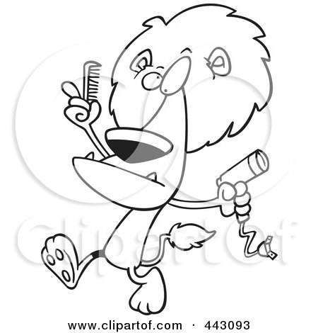 Royalty-Free (RF) Clip Art Illustration of a Cartoon Black And White Outline Design Of A Male Lion Using A Comb And Blow Dryer On His Mane by toonaday