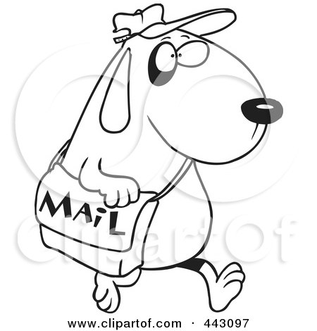 Royalty-Free (RF) Clip Art Illustration of a Cartoon Black And White Outline Design Of A Dog Postal Worker Carrying A Mail Bag by toonaday