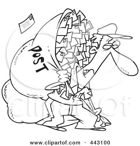 Royalty-Free (RF) Clip Art Illustration of a Cartoon Black And White Outline Design Of A Tired Mail Man Carrying A Big Bag by toonaday