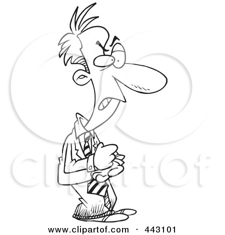 Royalty-Free (RF) Clip Art Illustration of a Cartoon Black And White Outline Design Of A Mad Businessman Slapping His Fist In His Hand by toonaday