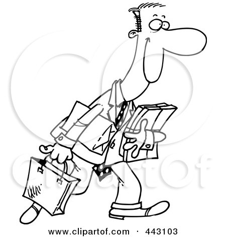 Royalty-Free (RF) Clip Art Illustration of a Cartoon Black And White Outline Design Of A Happy Man Shopping by toonaday