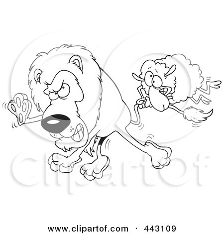Royalty-Free (RF) Clip Art Illustration of a Cartoon Black And White Outline Design Of A Sheep Attacking A Lion by toonaday
