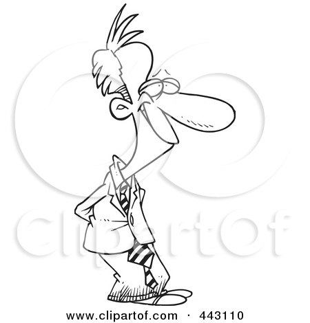 Royalty-Free (RF) Clip Art Illustration of a Cartoon Black And White Outline Design Of A Grinning Businessman With His Hands Behind His Back by toonaday