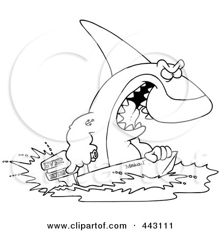 Royalty-Free (RF) Clip Art Illustration of a Cartoon Black And White Outline Design Of A Shark Steering A Boat by toonaday