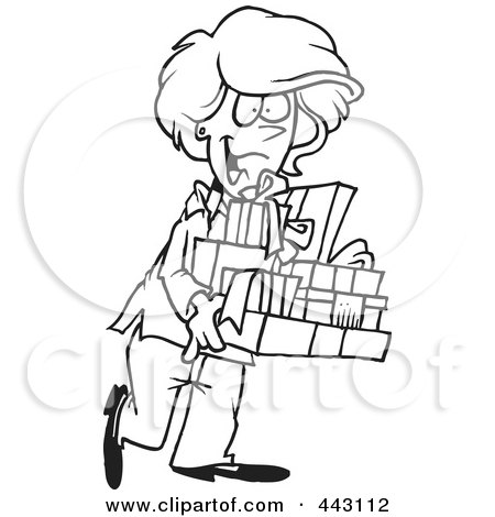 Royalty-Free (RF) Clip Art Illustration of a Cartoon Black And White Outline Design Of A Happy Woman Carrying Gifts by toonaday