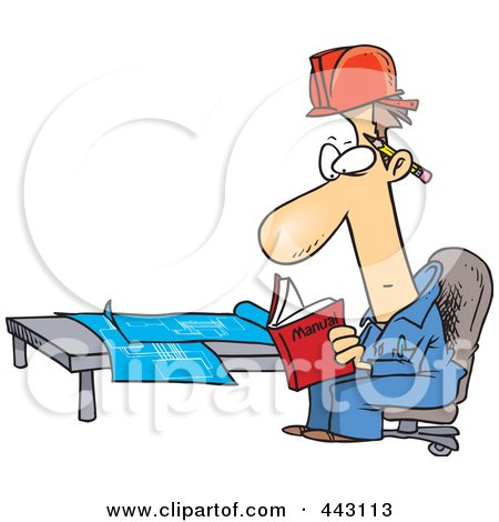 Royalty-Free (RF) Clip Art Illustration of a Cartoon Engineer Reading A Manual By Blue Prints by toonaday
