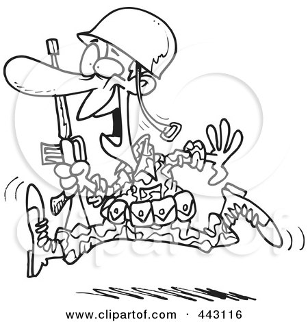 Royalty-Free (RF) Clip Art Illustration of a Cartoon Black And White Outline Design Of A Running Marine Soldier by toonaday