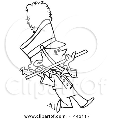Royalty-Free (RF) Clip Art Illustration of a Cartoon Black And White Outline Design Of A Flutist In A Marching Band by toonaday