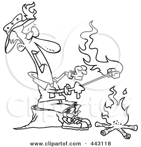 Royalty-Free (RF) Clip Art Illustration of a Cartoon Black And White Outline Design Of A Man Roasting Marshmallows And Catching His Hat On Fire by toonaday
