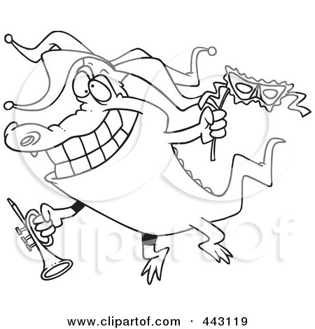Royalty-Free (RF) Clip Art Illustration of a Cartoon Black And White Outline Design Of A Mardi Gras Crocodile Holding A Trumpet by toonaday
