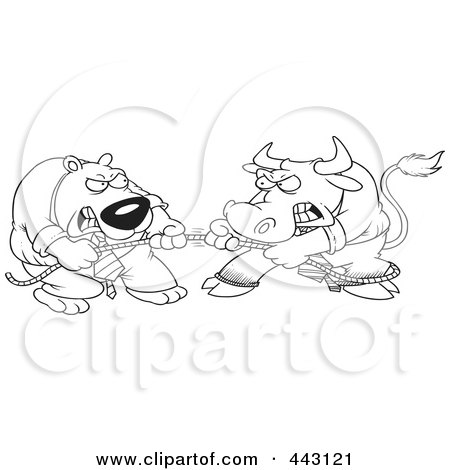 Royalty-Free (RF) Clip Art Illustration of a Cartoon Black And White Outline Design Of A Market Bull And Bear Engaged In Tug Of War by toonaday