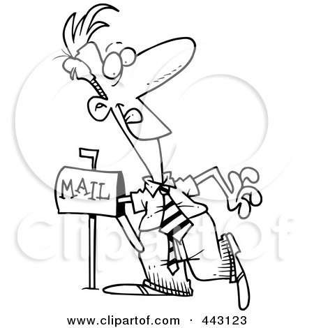 Royalty-Free (RF) Clip Art Illustration of a Cartoon Black And White Outline Design Of A Man Anxiously Reaching Into His Mailbox by toonaday