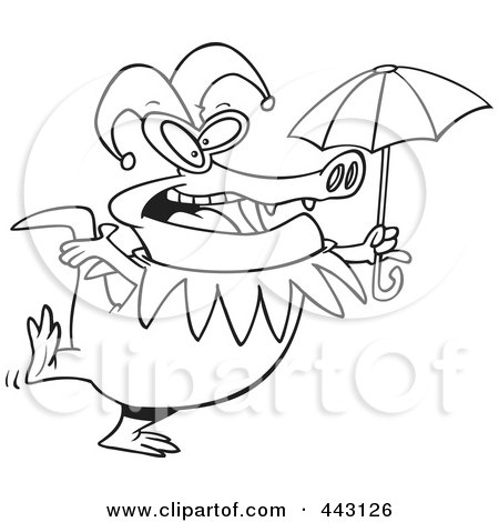Royalty-Free (RF) Clip Art Illustration of a Cartoon Black And White Outline Design Of A Mardi Gras Crocodile Holding An Umbrella by toonaday