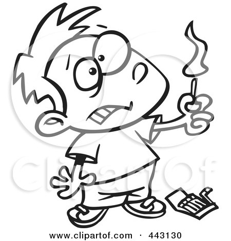 Royalty-Free (RF) Clip Art Illustration of a Cartoon Black And White Outline Design Of A Boy Playing With Matches by toonaday