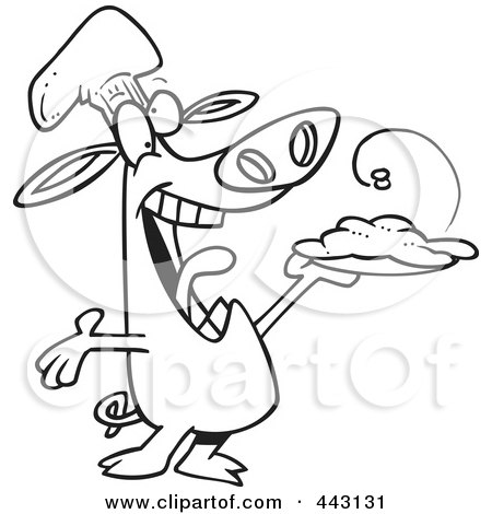 Royalty-Free (RF) Clip Art Illustration of a Cartoon Black And White Outline Design Of A Chef Pig Holding Up His Masterpiece by toonaday