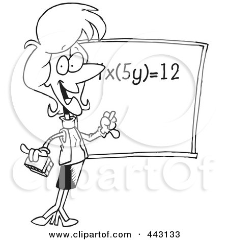 Royalty-Free (RF) Clip Art Illustration of a Cartoon Black And White Outline Design Of A Female Math Teacher During Class by toonaday