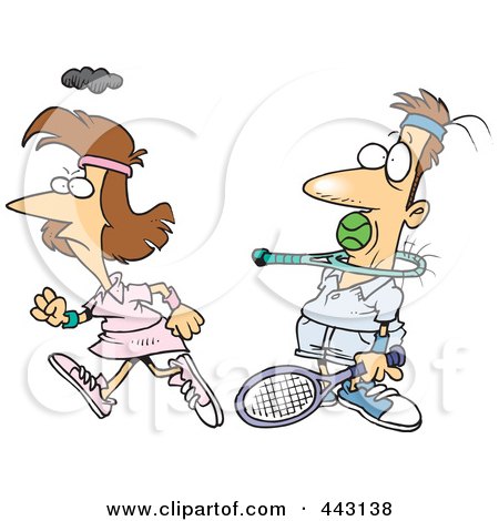 Royalty-Free (RF) Clip Art Illustration of a Cartoon Angry Woman Walking Away From Her Opponent After Shoving A Ball In His Mouth by toonaday