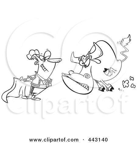 Royalty-Free (RF) Clip Art Illustration of a Cartoon Black And White Outline Design Of A Bull Charging A Matador by toonaday