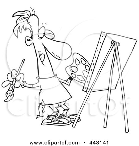 Royalty-Free (RF) Clip Art Illustration of a Cartoon Black And White Outline Design Of A Male Artist Painting His Masterpiece by toonaday