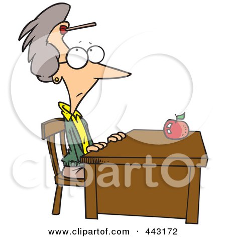 Royalty-Free (RF) Clip Art Illustration of a Cartoon Teacher Sitting At Her Desk With A Dart On Her Forehead by toonaday