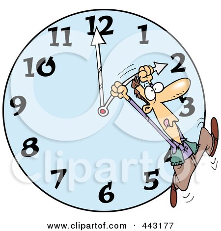 Royalty-Free (RF) Clip Art Illustration of a Cartoon Man On A Daylight Savings Clock by toonaday