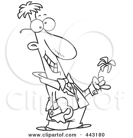 Royalty-Free (RF) Clip Art Illustration of a Cartoon Black And White Outline Design Of A Courting Man Holding A Flower And A Gift by toonaday