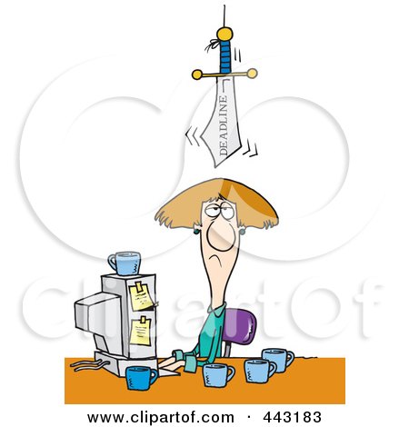 Royalty-Free (RF) Clip Art Illustration of a Cartoon Deadline Sword Looming Over A Businesswoman by toonaday