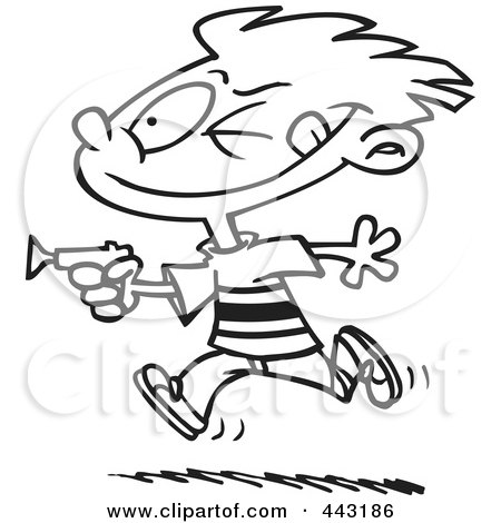 Royalty-Free (RF) Clip Art Illustration of a Cartoon Black And White Outline Design Of A Boy Playing With A Dart Gun by toonaday