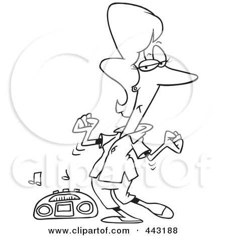 Royalty-Free (RF) Clip Art Illustration of a Cartoon Black And White Outline Design Of A Woman Dancing By A Radio by toonaday