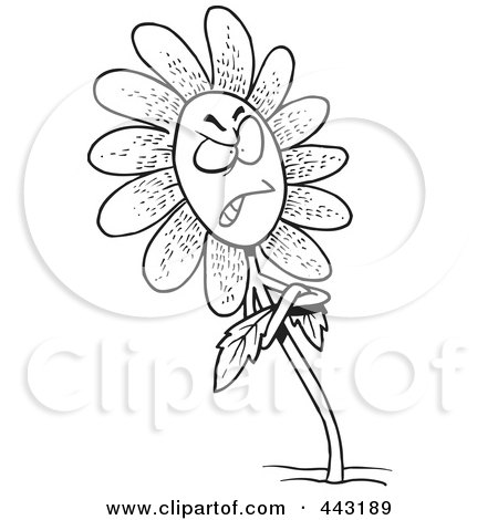 Royalty-Free (RF) Clip Art Illustration of a Cartoon Black And White Outline Design Of A Stubborn Daisy by toonaday