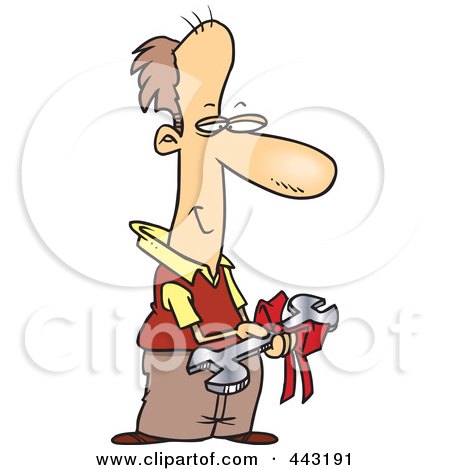 Royalty-Free (RF) Clip Art Illustration of a Cartoon Pleased Dad Holding A Wrench Gift by toonaday