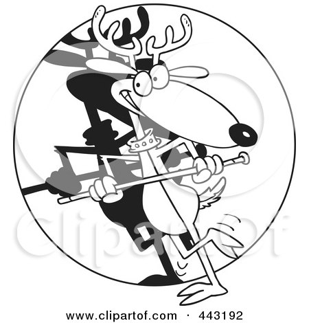 Royalty-Free (RF) Clip Art Illustration of a Cartoon Black And White Outline Design Of A Dancing Reindeer by toonaday