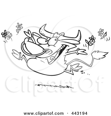 Royalty-Free (RF) Clip Art Illustration of a Cartoon Black And White Outline Design Of A Happy Bull Tossing Daisies by toonaday