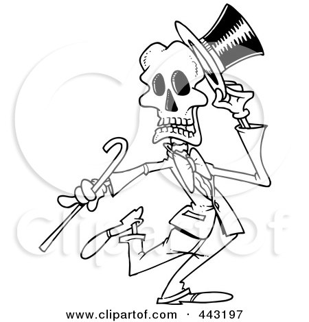 Royalty-Free (RF) Clip Art Illustration of a Cartoon Black And White Outline Design Of A Dancing Skeleton by toonaday