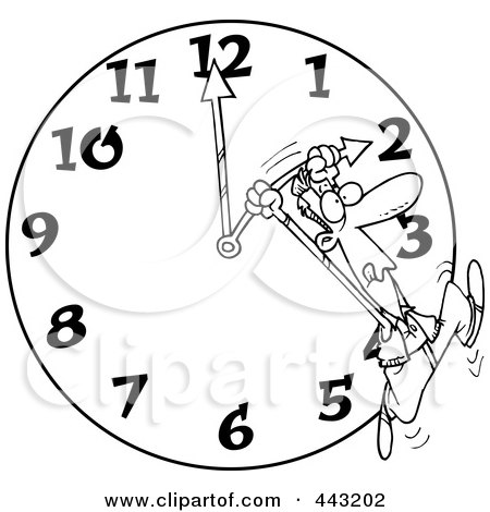 Royalty-Free (RF) Clip Art Illustration of a Cartoon Black And White Outline Design Of A Man On A Daylight Savings Clock by toonaday