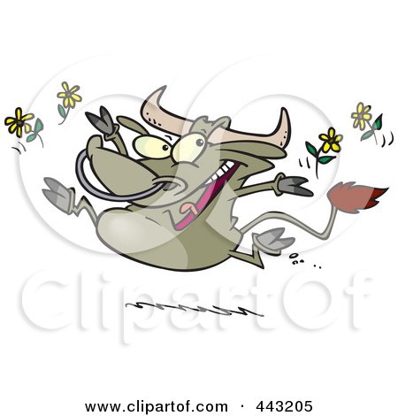 Royalty-Free (RF) Clip Art Illustration of a Cartoon Happy Bull Tossing Daisies by toonaday