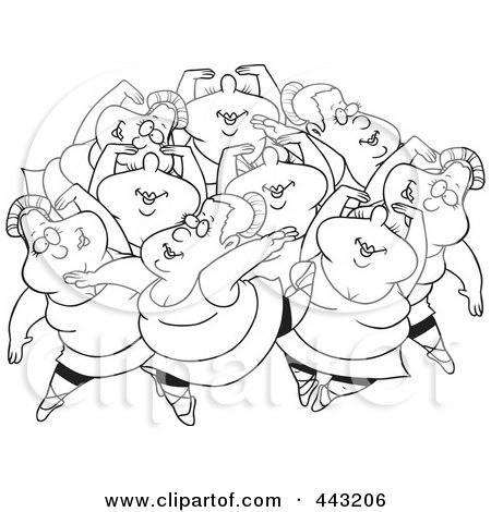 Royalty-Free (RF) Clip Art Illustration of a Cartoon Black And White Outline Design Of Nine Ladies Dancing by toonaday