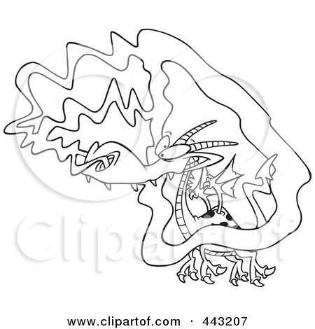 Royalty-Free (RF) Clip Art Illustration of a Cartoon Black And White Outline Design Of A Dragon Catching A Whiff by toonaday