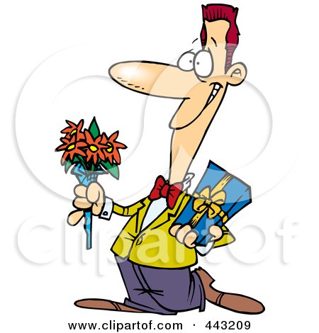 Royalty-Free (RF) Clip Art Illustration of a Cartoon Courting Man Holding Flowers And A Gift by toonaday