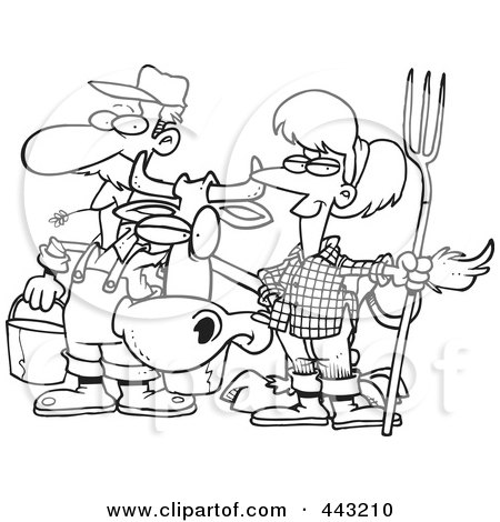 Royalty-Free (RF) Clip Art Illustration of a Cartoon Black And White Outline Design Of A Farmer Couple With A Cow by toonaday