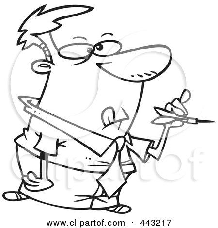 Royalty-Free (RF) Clip Art Illustration of a Cartoon Black And White Outline Design Of A Businessman Throwing Darts by toonaday
