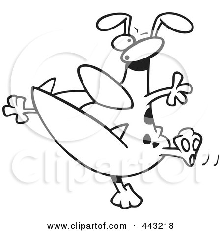 Royalty-Free (RF) Clip Art Illustration of a Cartoon Black And White Outline Design Of A Dancing Dog by toonaday