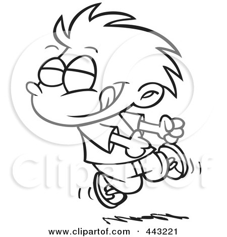 Royalty-Free (RF) Clip Art Illustration of a Cartoon Black And White Outline Design Of A Boy Doing A Happy Dance by toonaday