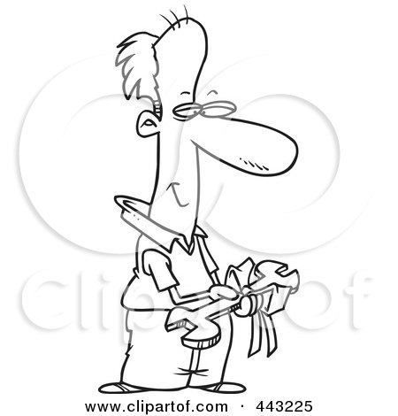 Royalty-Free (RF) Clip Art Illustration of a Cartoon Black And White Outline Design Of A Pleased Dad Holding A Wrench Gift by toonaday