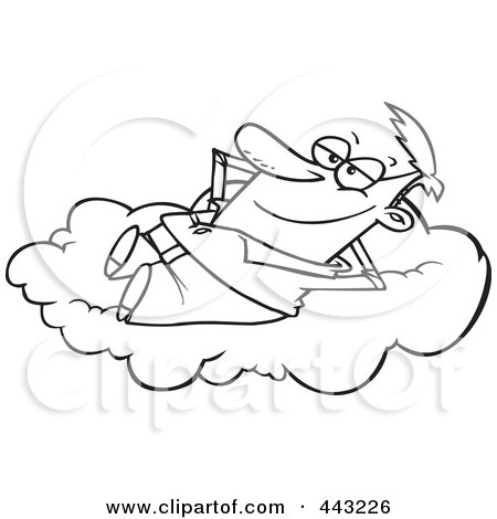 Royalty-Free (RF) Clip Art Illustration of a Cartoon Black And White Outline Design Of A Man Daydreaming On A Cloud by toonaday