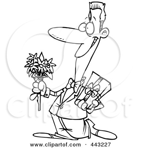 Royalty-Free (RF) Clip Art Illustration of a Cartoon Black And White Outline Design Of A Courting Man Holding Flowers And A Gift by toonaday