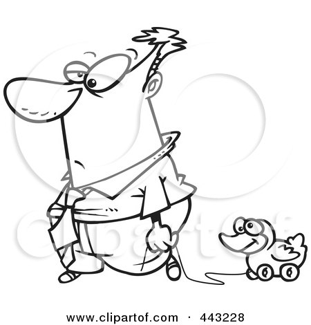 Royalty-Free (RF) Clip Art Illustration of a Cartoon Black And White Outline Design Of A Businessman Rolling His Duck Toy by toonaday